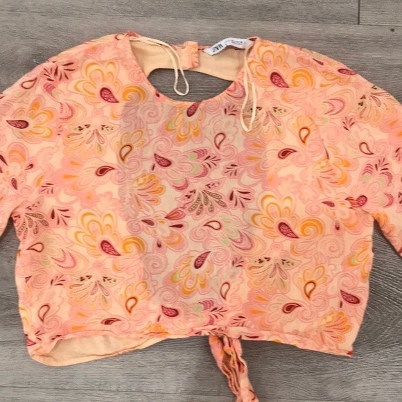 Zara Orange Paisley Open Back Cutout Flare Bell Long Sleeve Top L - Picture 2 of 15